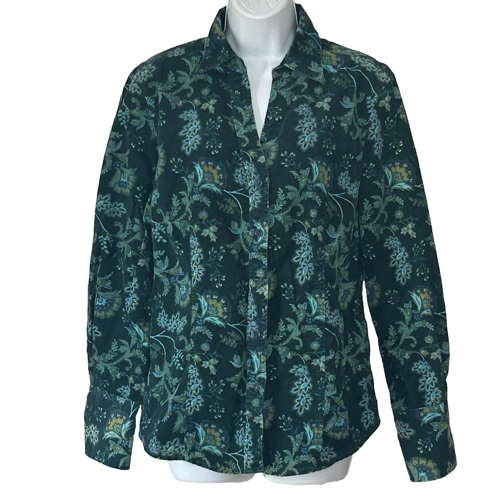 Fall Corduroy Shirt L Blue Green Floral Button Up Contrast Cuffs St John's Bay